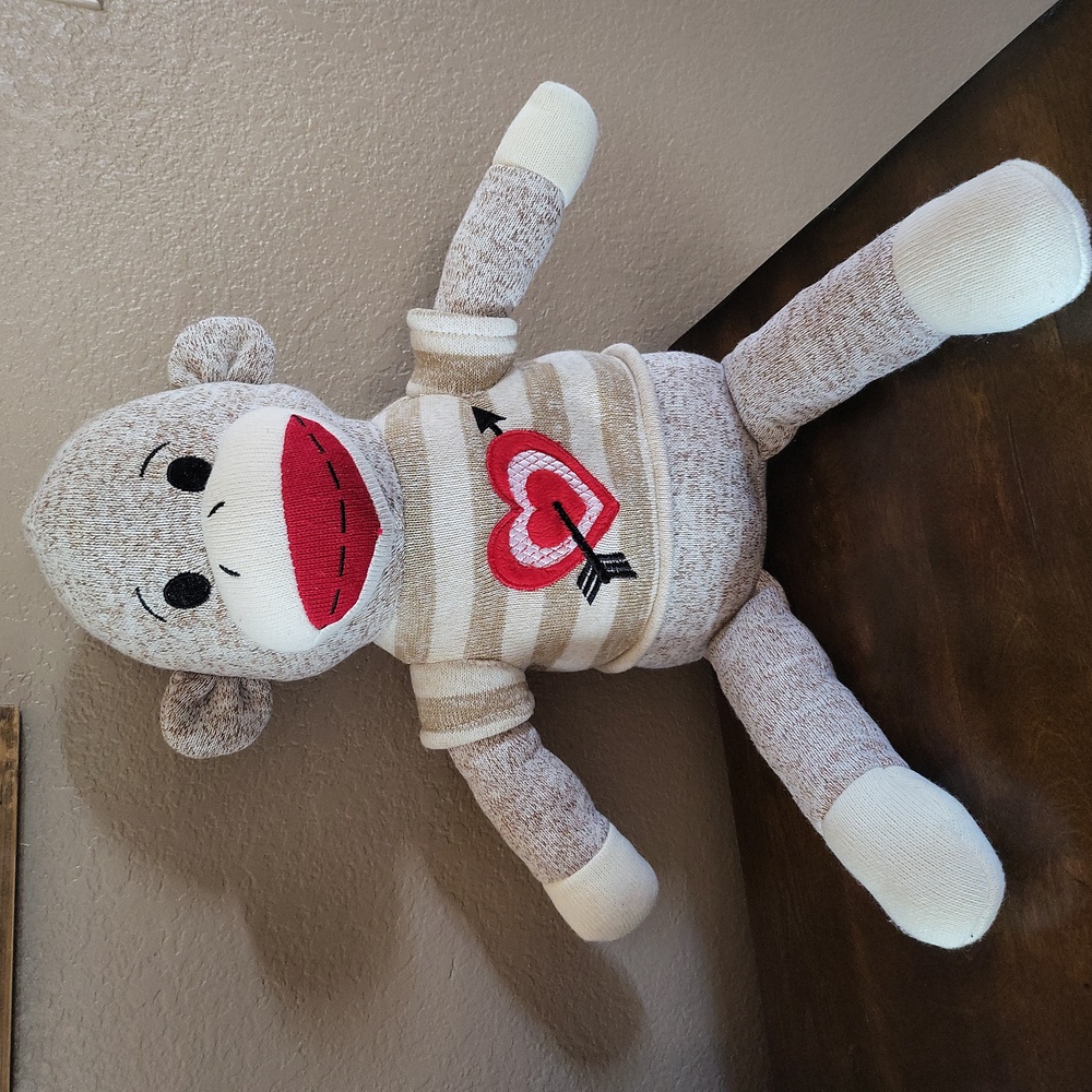 Large Sock Monkey Plush with Heart Design
